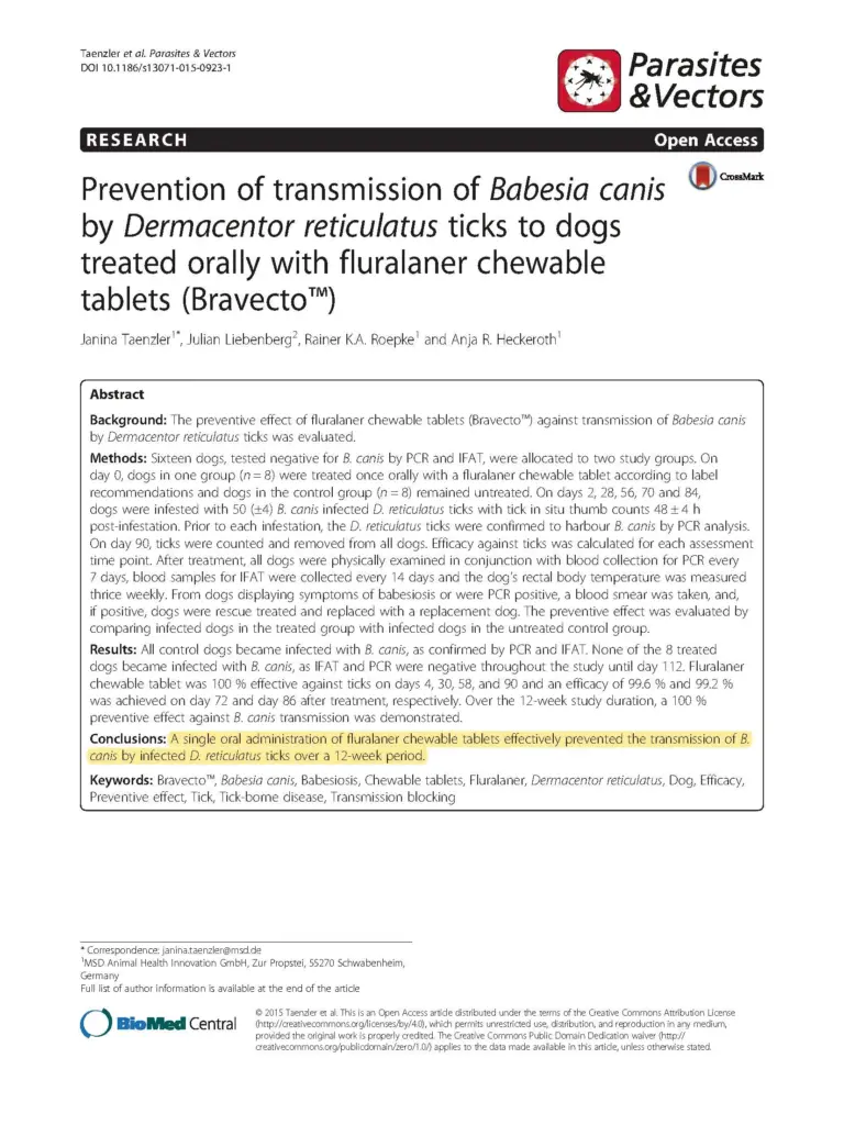 Prevention of transmission of Babesia canis by Dermacentor reticulatus ticks to dogs treated orally with fluralaner chewable tablets (Bravecto™)